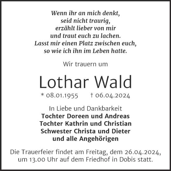 Traueranzeige von Lothar Wald von Trauerkombi Bernburg