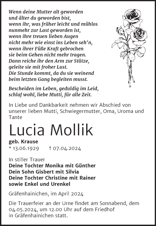 Traueranzeige von Lucia Mollik von Trauerkombi Wittenberg