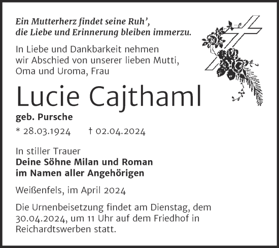 Traueranzeige von Lucie Cajthaml von Trauerkombi Weißenfels