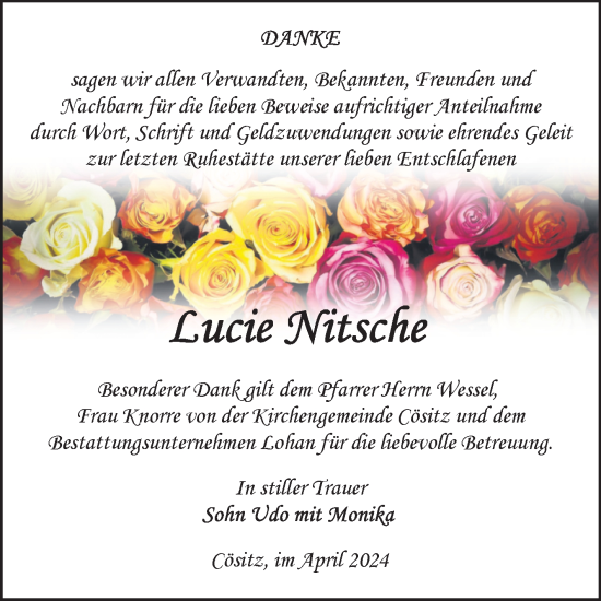 Traueranzeige von Lucie Nitsche von Trauerkombi Bitterfeld