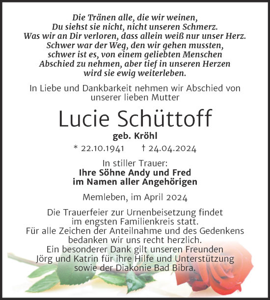 Traueranzeige von Lucie Schüttoff von Naumburger Tageblatt