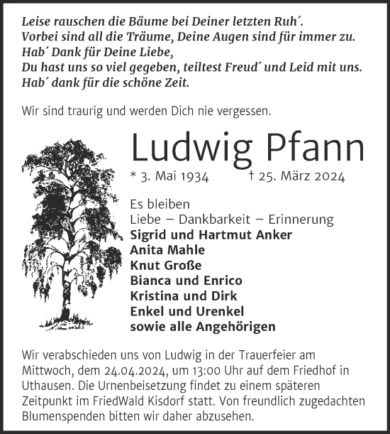 Traueranzeige von Ludwig Pfann von Trauerkombi Wittenberg
