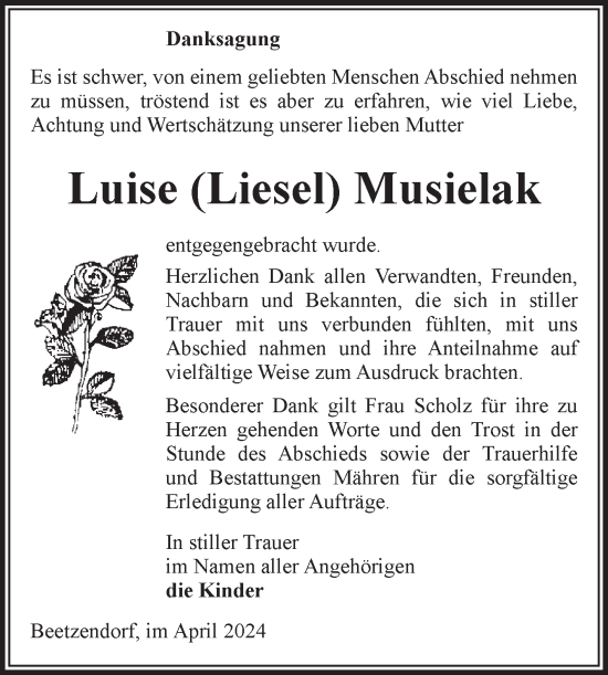 Traueranzeige von Luise Musielak von Volksstimme Altmark West