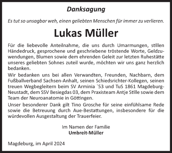 Traueranzeige von Lukas Müller von Volksstimme Magdeburg