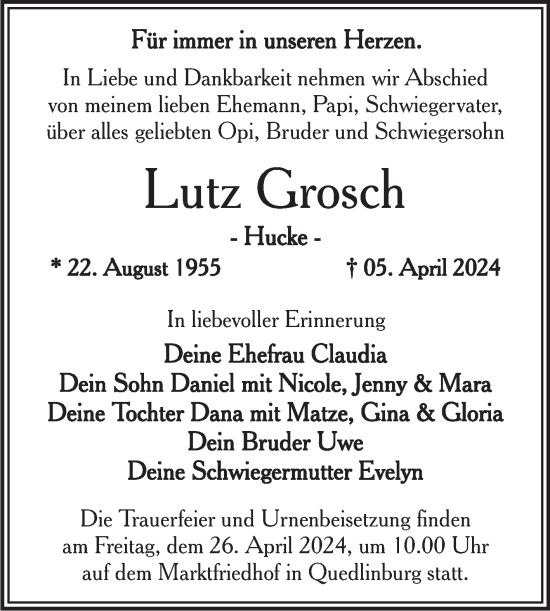 Traueranzeige von Lutz Grosch von Trauerkombi Quedlinburg