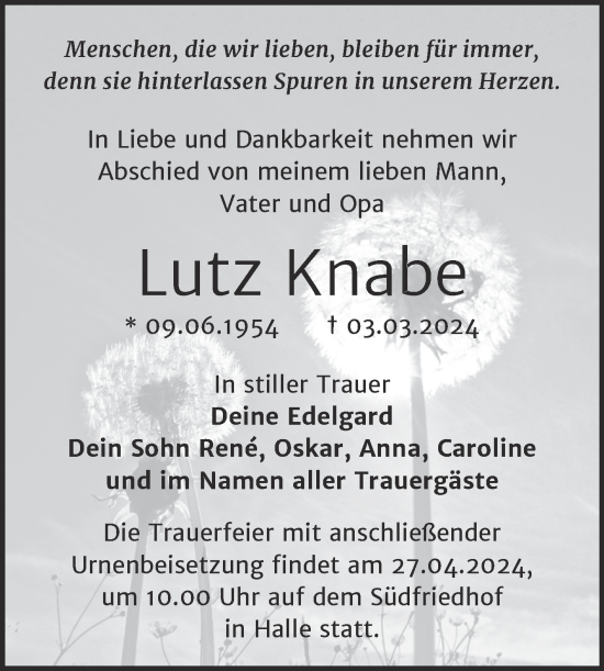 Traueranzeige von Lutz Knabe von Mitteldeutsche Zeitung Halle/Saalkreis