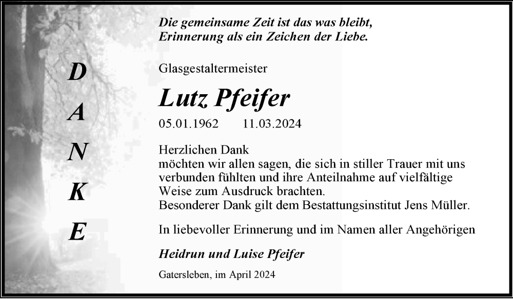  Traueranzeige für Lutz Pfeifer vom 13.04.2024 aus Trauerkombi Aschersleben