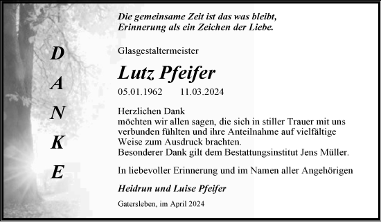 Traueranzeige von Lutz Pfeifer von Trauerkombi Aschersleben