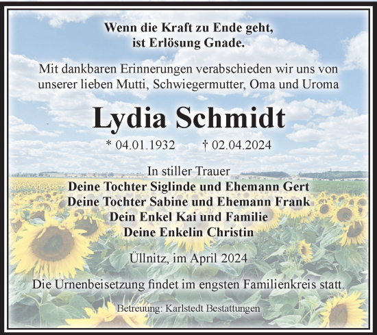Traueranzeige von Lydia Schmidt von Volksstimme Schönebeck