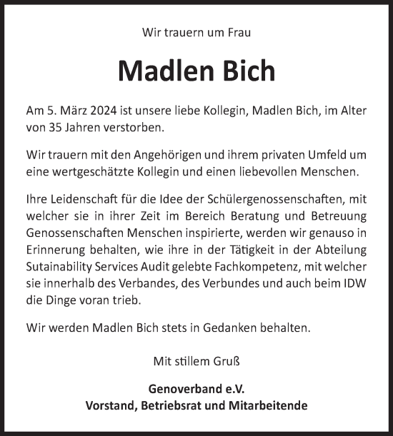 Traueranzeige von Madlen Bich von Volksstimme Magdeburg