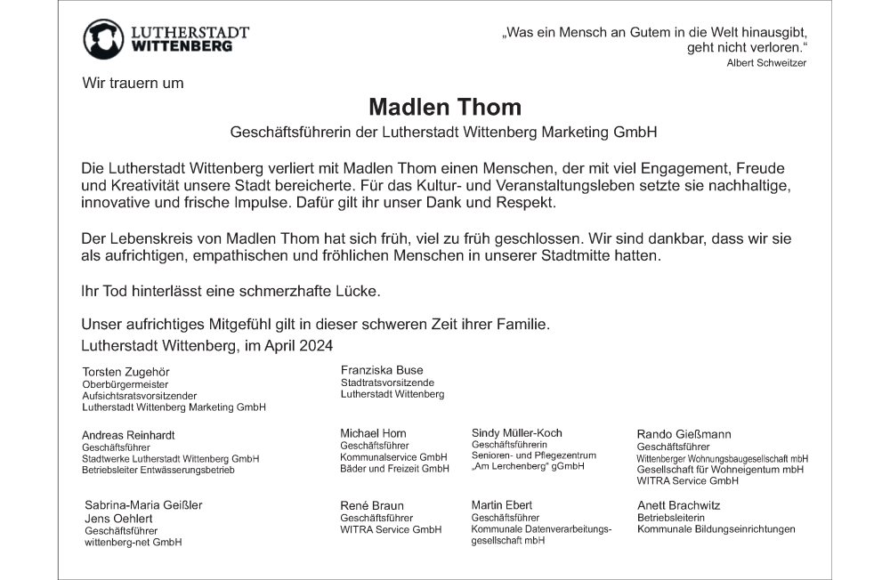  Traueranzeige für Madlen Thom vom 27.04.2024 aus 