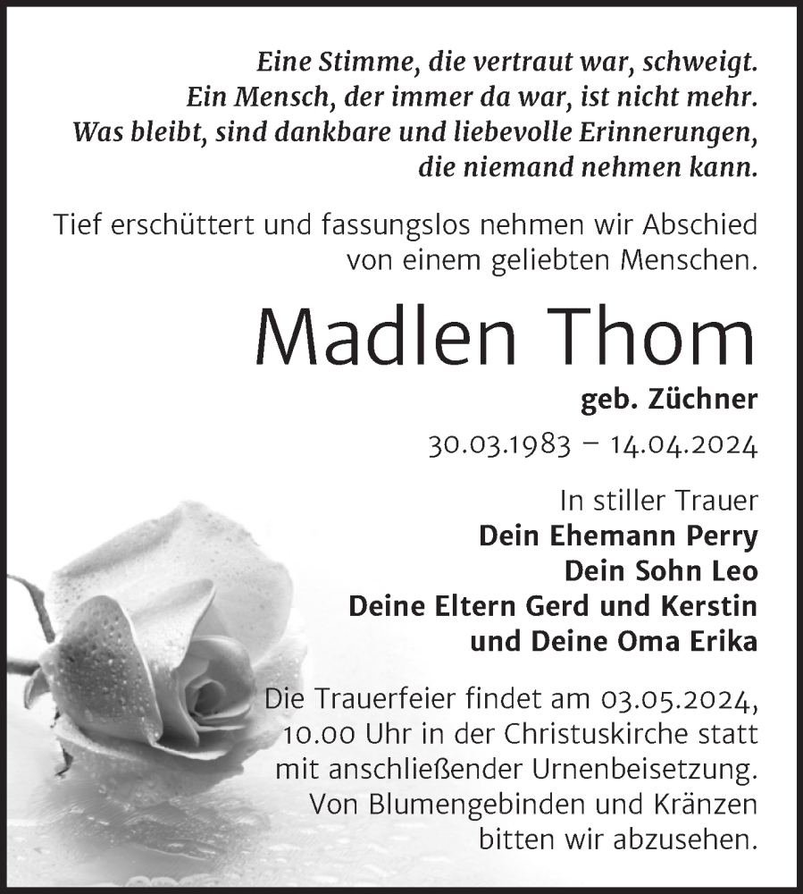  Traueranzeige für Madlen Thom vom 24.04.2024 aus Trauerkombi Wittenberg