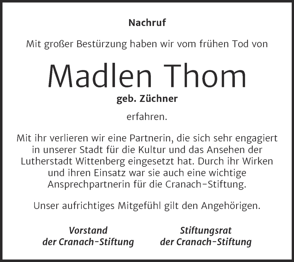  Traueranzeige für Madlen Thom vom 27.04.2024 aus Super Sonntag Wittenberg