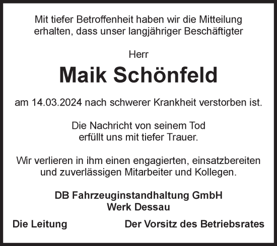 Traueranzeige von Maik Schönfeld von Volksstimme Zerbst