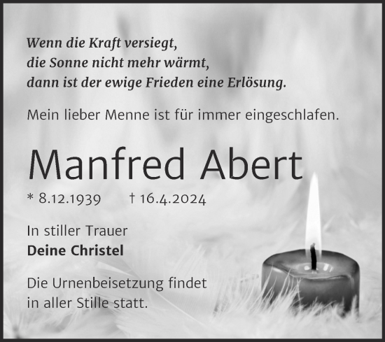Traueranzeige von Manfred Abert von Trauerkombi Wittenberg