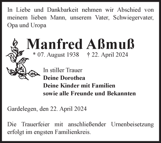 Traueranzeige von Manfred Aßmuß von Volksstimme Altmark West