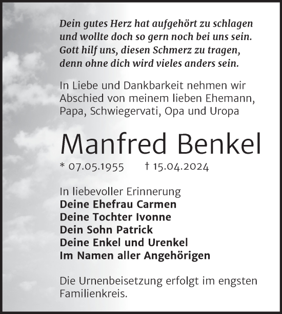 Traueranzeige von Manfred Benkel von Trauerkombi Bitterfeld