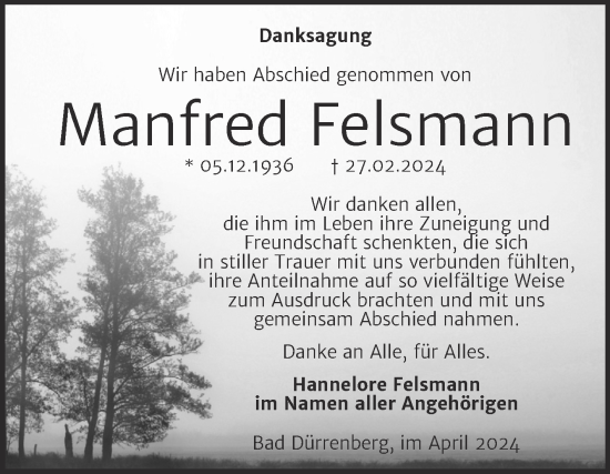 Traueranzeige von Manfred Felsmann von Trauerkombi Merseburg