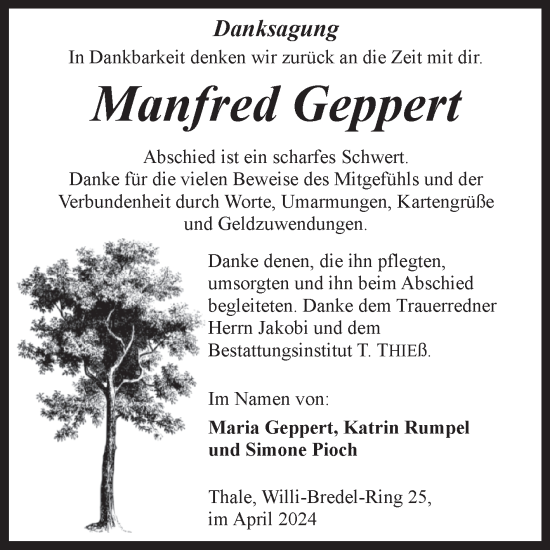 Traueranzeige von Manfred Geppert von Trauerkombi Quedlinburg