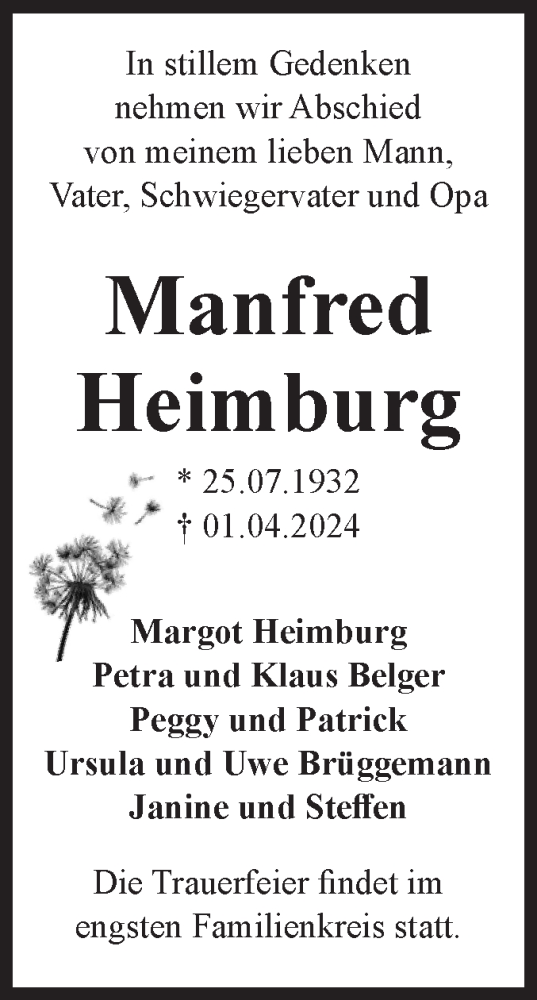 Traueranzeige von Manfred Heimburg von Volksstimme Magdeburg
