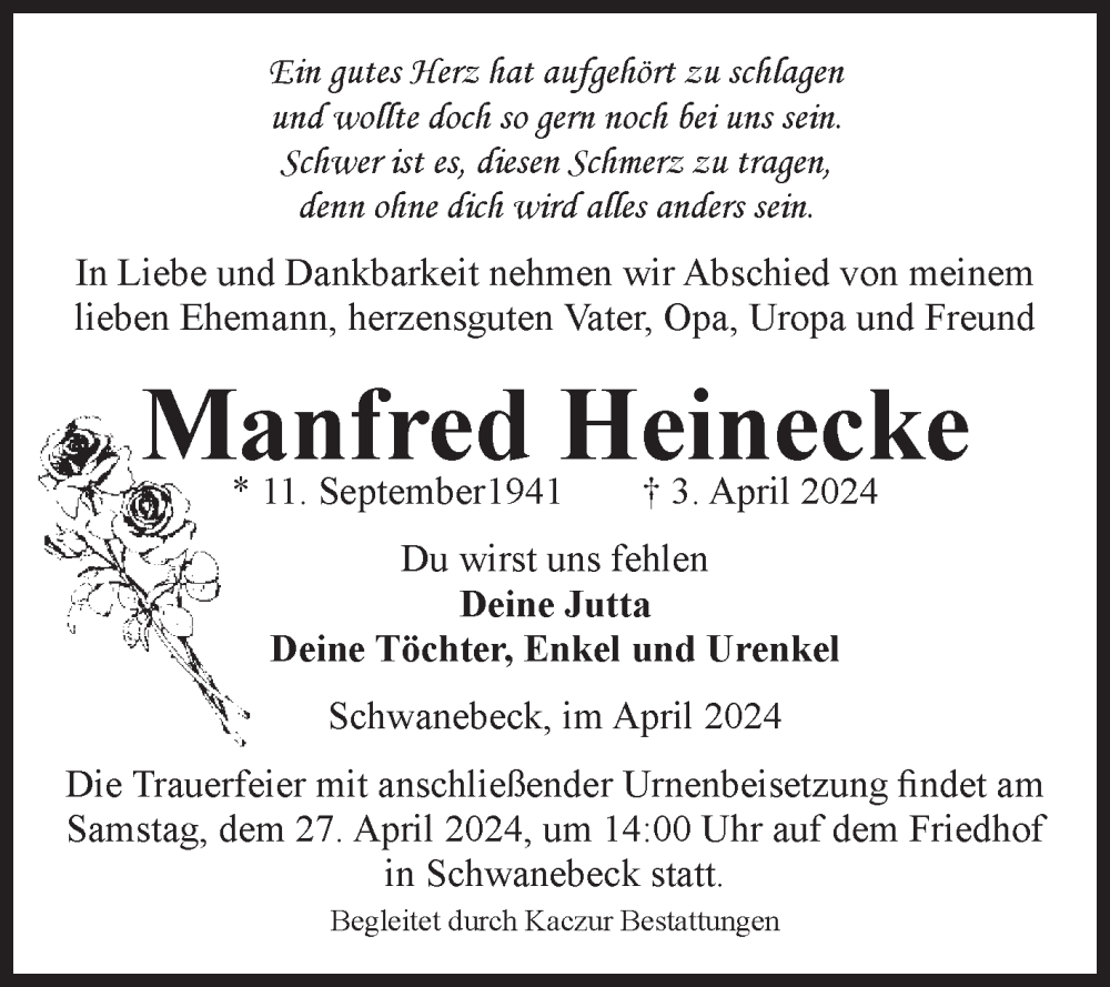  Traueranzeige für Manfred Heinecke vom 13.04.2024 aus Volksstimme Halberstadt
