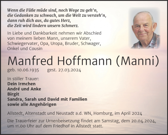 Traueranzeige von Manfred Hoffmann von Trauerkombi Sangerhausen