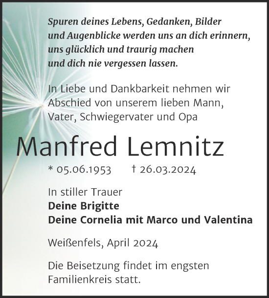 Traueranzeige von Manfred Lemnitz von Trauerkombi Weißenfels