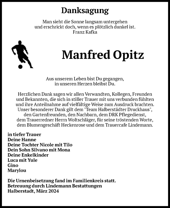 Traueranzeige von Manfred Opitz von Volksstimme Halberstadt