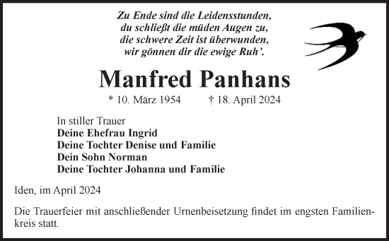 Traueranzeige von Manfred Panhans von Volksstimme Altmark Ost