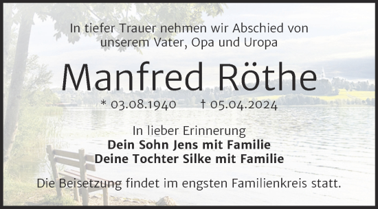Traueranzeige von Manfred Röthe von Super Sonntag Wittenberg