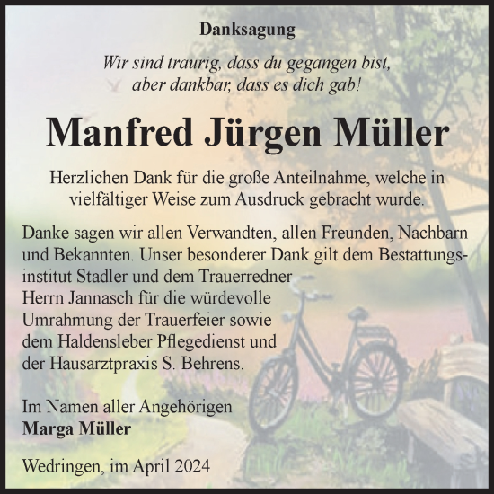 Traueranzeige von Manfred Jürgen Müller von Volksstimme Haldensleben/Wolmirstedt