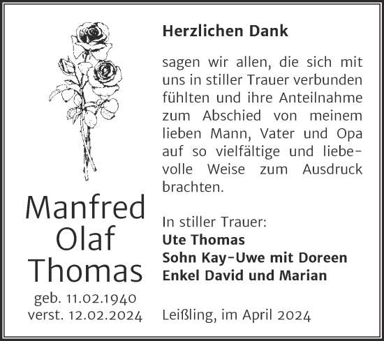 Traueranzeige von Manfred Olaf Thomas von Trauerkombi Weißenfels