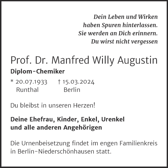 Traueranzeige von Manfred Willy Augustin von Mitteldeutsche Zeitung Halle/Saalkreis