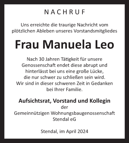 Traueranzeige von Manuela Leo 