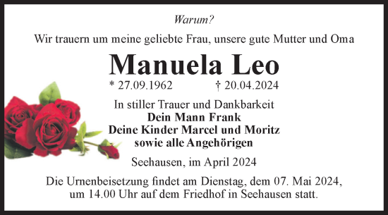 Traueranzeige von Manuela Leo von Volksstimme Altmark Ost