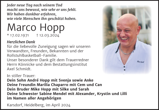 Traueranzeige von Marco Hopp von Super Sonntag Naumburg/Nebra
