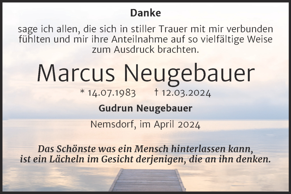  Traueranzeige für Marcus Neugebauer vom 13.04.2024 aus Trauerkombi Merseburg