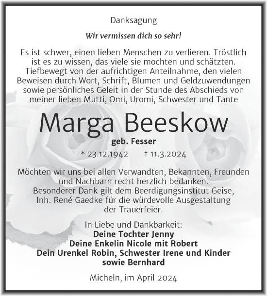 Traueranzeige von Marga Beeskow von Trauerkombi Köthen