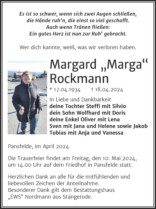 Traueranzeige von Margard Rockmann von Trauerkombi Quedlinburg