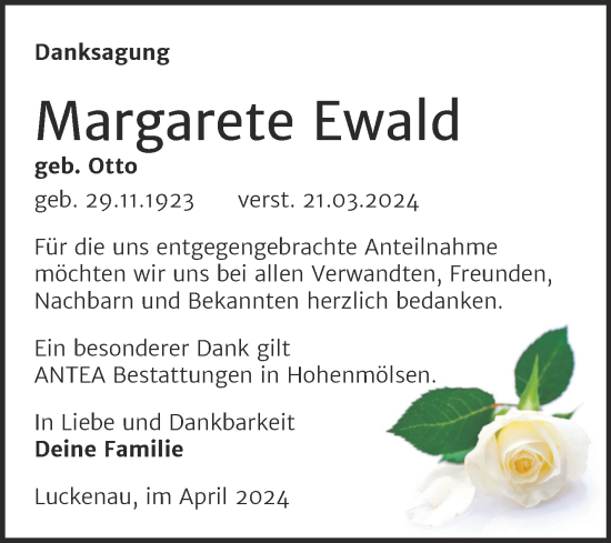 Traueranzeige von Margarete Ewald von Trauerkombi Zeitz