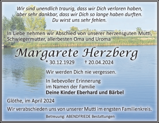 Traueranzeige von Margarete Herzberg von Volksstimme Schönebeck