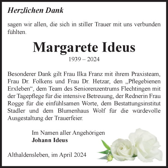 Traueranzeige von Margarete Ideus von Volksstimme Haldensleben/Wolmirstedt