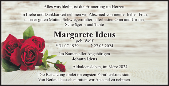 Traueranzeige von Margarete Ideus von Volksstimme Haldensleben/Wolmirstedt