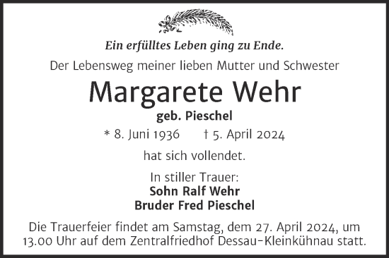 Traueranzeige von Margarete Wehr von Trauerkombi Dessau