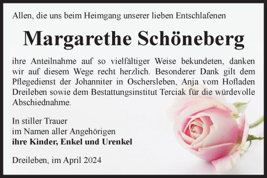 Traueranzeige von Margarethe Schöneberg von Volksstimme Oschersleben/Wanzleben