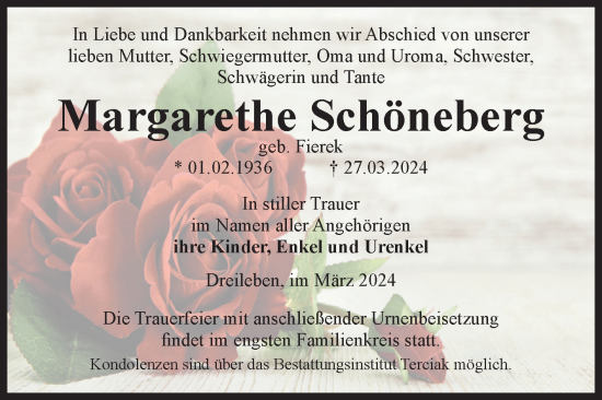 Traueranzeige von Margarethe Schöneberg von Volksstimme Oschersleben/Wanzleben