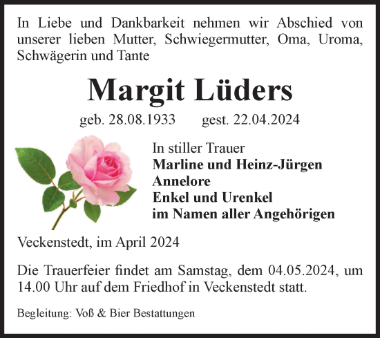 Traueranzeige von Margit Lüders von Volksstimme Wernigerode