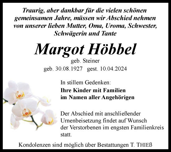 Traueranzeige von Margot Höbbel von Trauerkombi Quedlinburg