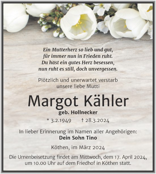 Traueranzeige von Margot Kähler von Trauerkombi Köthen