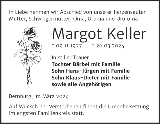 Traueranzeige von Margot Keller von Trauerkombi Bernburg